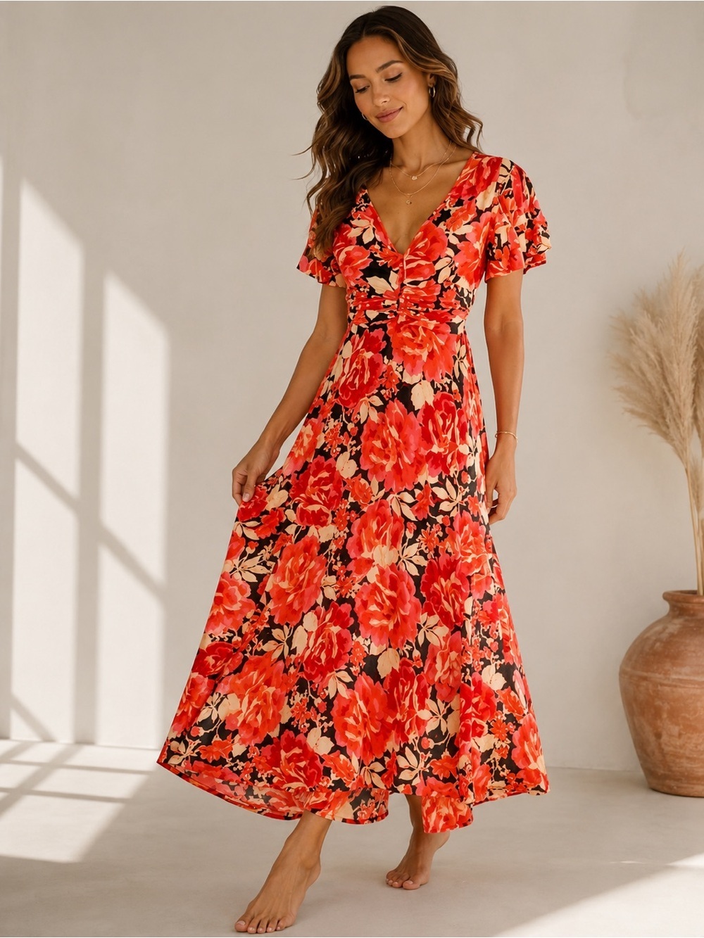 Abel The Label Anthropologie Maxi Dress Women XS Floral Boho Coral Orange B24